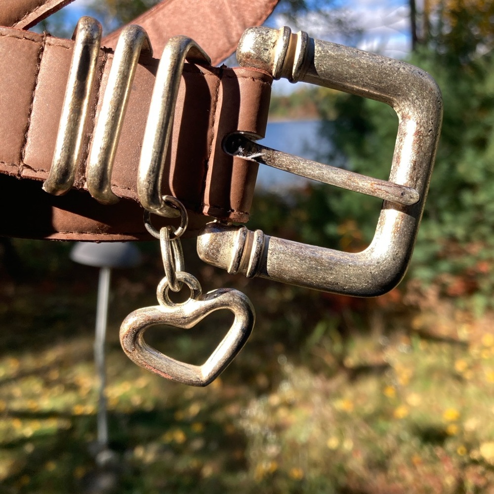 EVAN PICONE Belt Silver Heart Vintage Retro Boho Leather Light Brown Size Small